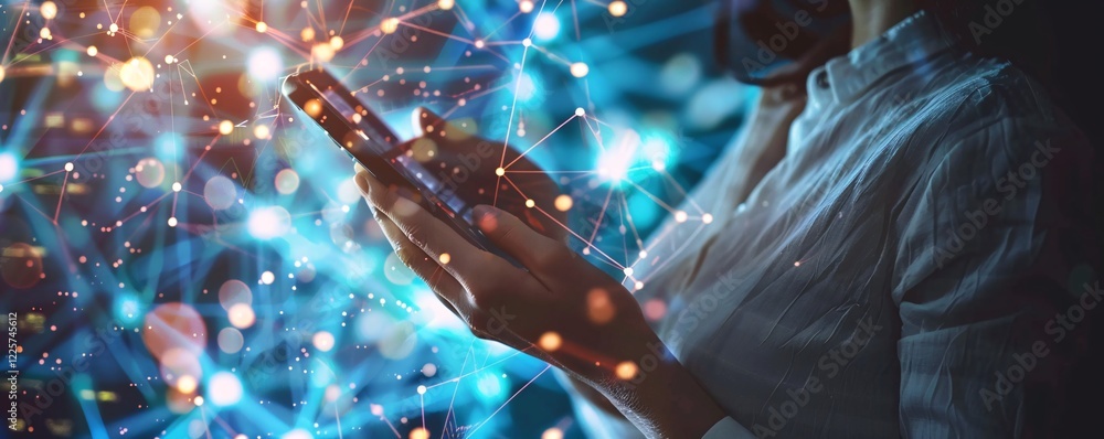 Poster businesswoman using a smartphone with global network and data connections technology