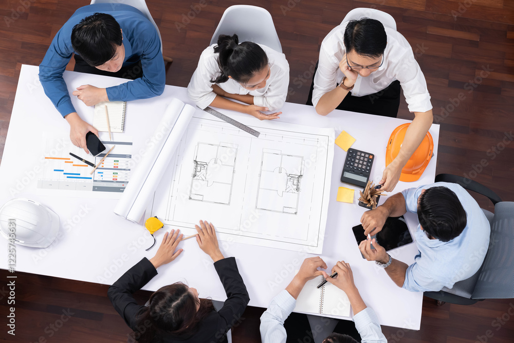 Poster Top view banner of diverse group of civil engineer and client working together on architectural project, reviewing construction plan and building blueprint at meeting table. Prudent