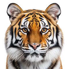 Close up of a tiger displaying its intense gaze and vibrant fur, isolated on a transparent background. PNG