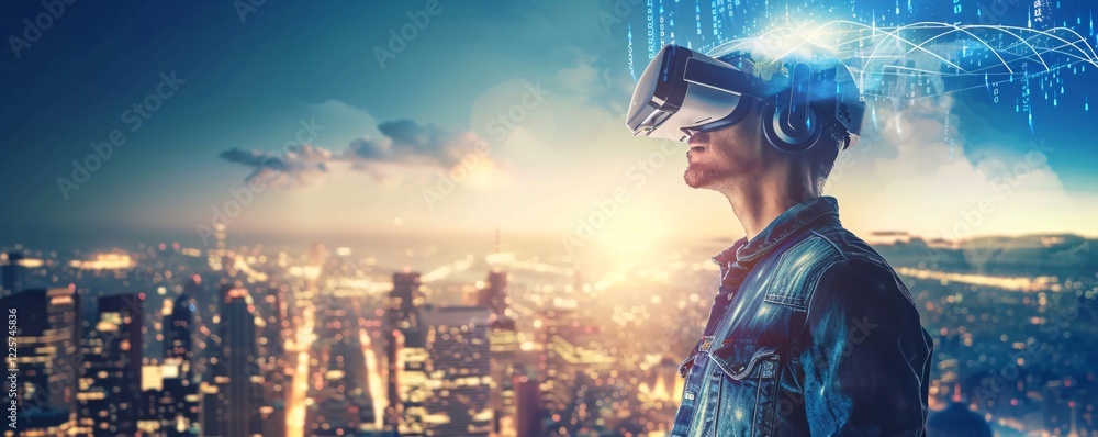 Poster man is immersed in the metaverse, experiencing virtual reality through vr glasses against a city sky