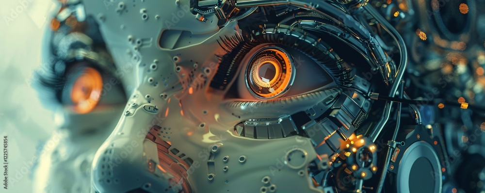 Poster futuristic cyborg with orange glowing eyes is staring intensely, showing the power of artificial int