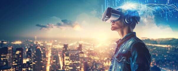 Man is immersed in the metaverse, experiencing virtual reality through vr glasses against a city skyline backdrop