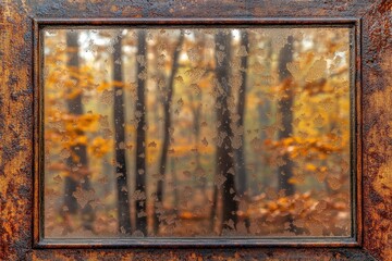 A misty autumn forest scene viewed through a weathered wooden windowpane.