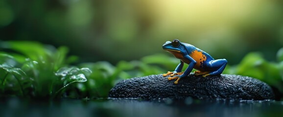 Vibrant frog on rock, lush rainforest, tranquil background, nature photography
