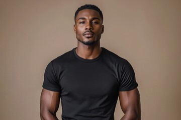 A strong, confident man in a black t-shirt against a neutral background, symbolizing masculinity and self-assurance. Ideal for fashion and advertising campaigns.