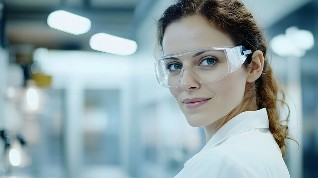Portrait of a professional scientist in a modern laboratory, wearing a lab coat and safety goggles