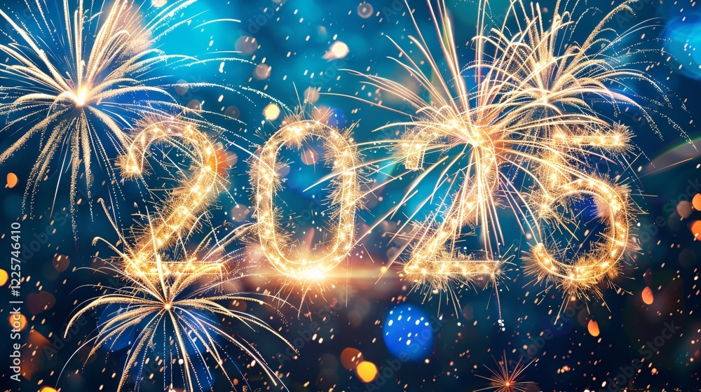 Aufkleber Blurred blue background with bokeh featuring sparkling fireworks forming year 2025