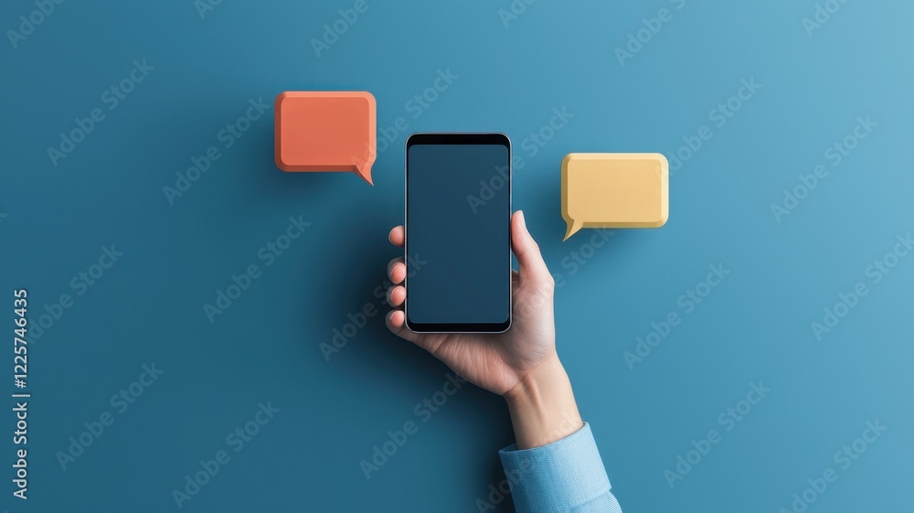 Poster a hand holds a smartphone surrounded by colorful speech bubbles, representing communication and mess