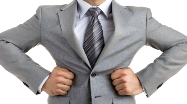 Man in suit confidently adjusting his jacket before an event, isolated on a transparent background. PNG