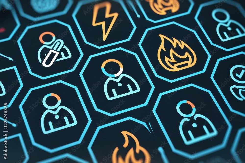 Poster abstract digital interface: user profiles, alerts, and system status