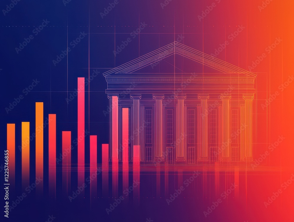 Aufkleber a digital representation of a classical building with rising bar graphs, symbolizing finance, growth