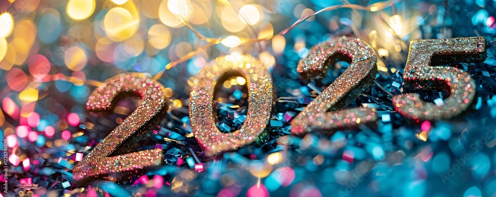 Aufkleber golden glitter numbers announcing the new year 2025 over a shiny and sparkling background