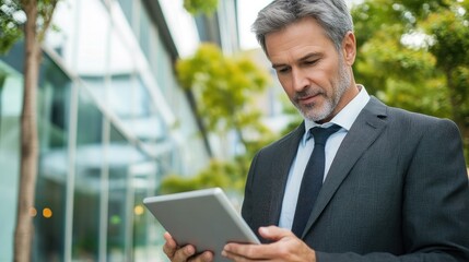 Fototapeta premium A businessman using a tablet outside a modern office building.