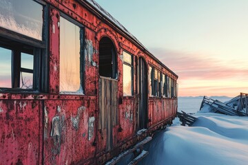 Obraz premium A rusty, abandoned red train car sits half-buried in snow during a serene arctic sunset.