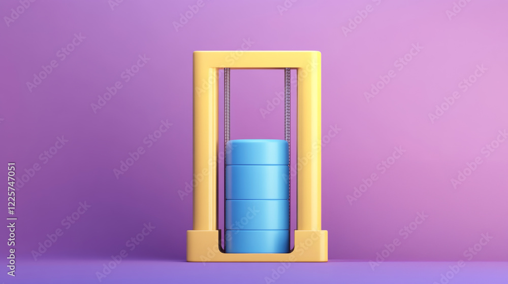 Poster abstract 3d render of a stack of light blue cylinders inside a yellow frame against a purple backgro