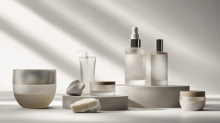 Luxury Skincare Product Packaging: Minimalist and Elegant Cosmetic Bottles and Jars on Display