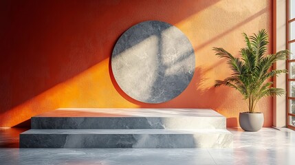 Modern Minimalist Marble Steps Orange Wall Background Studio Product Display Platform pot grey palm 