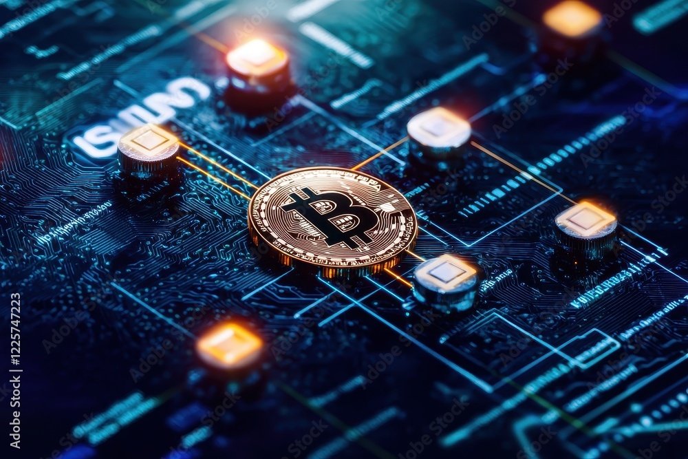 Poster a close-up of a bitcoin coin on a digital circuit board, symbolizing the intersection of cryptocurre