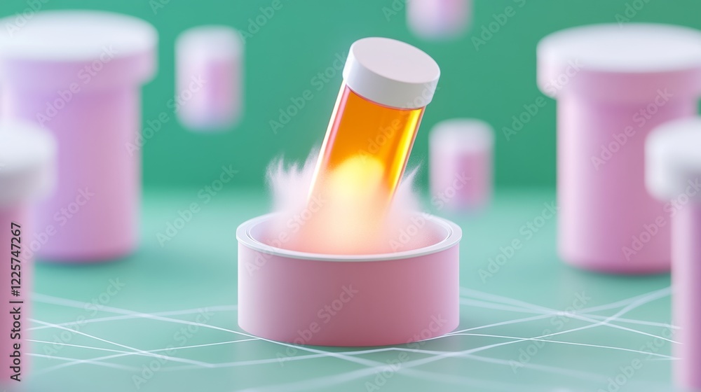 Aufkleber abstract 3d rendering of an orange pill bottle emerging from a pink container, surrounded by similar
