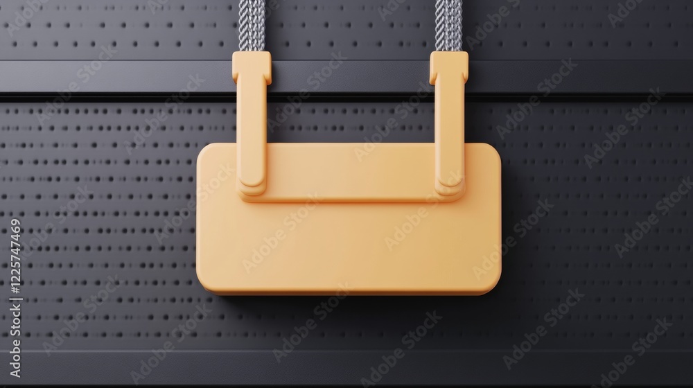Poster abstract minimalist image of orange rectangle hanging from chains on dark background