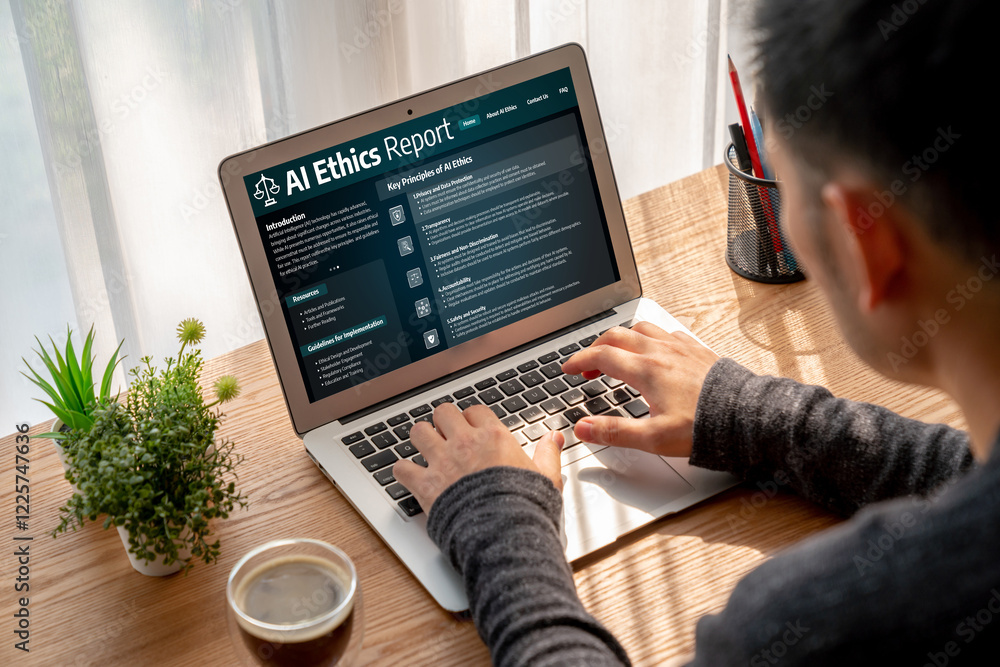 Poster ai ethics responsibility standard law and rules on computer screen provide report of ai ethic transp