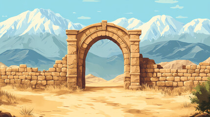 Ancient desert ruins, arched gateway, mountain backdrop. Desert Arch. Illustration