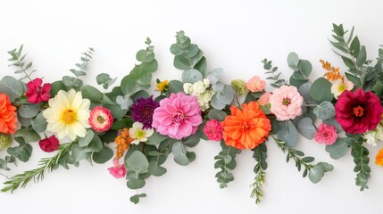 Fototapeta premium Flowers composition Garland made of various colorful flowers and eucalyptus branches on white background Flat lay top view copy space