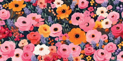 Trendy floral seamless pattern, flower background illustration. Colorful flowers nature backgrounds with spring plants, Vector floral seamless pattern. Bright colors, gouache painting