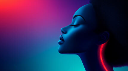 Serene Beauty: A Digital Portrait of a Black Woman in Neon Light.  The image showcases a stylish and elegant pose, capturing a moment of calm and grace.