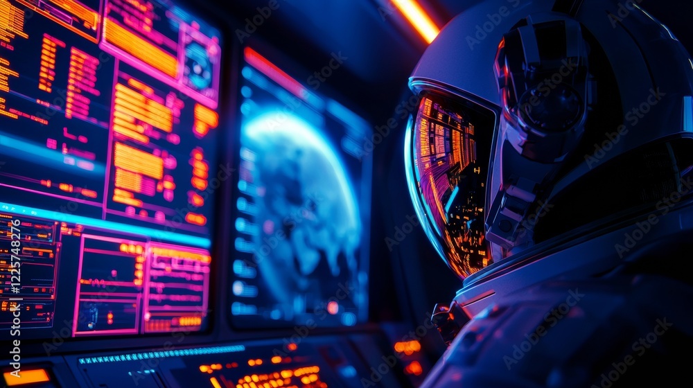 Poster astronaut in a dark futuristic spacesuit monitors earth on a vibrant digital display with pink and b