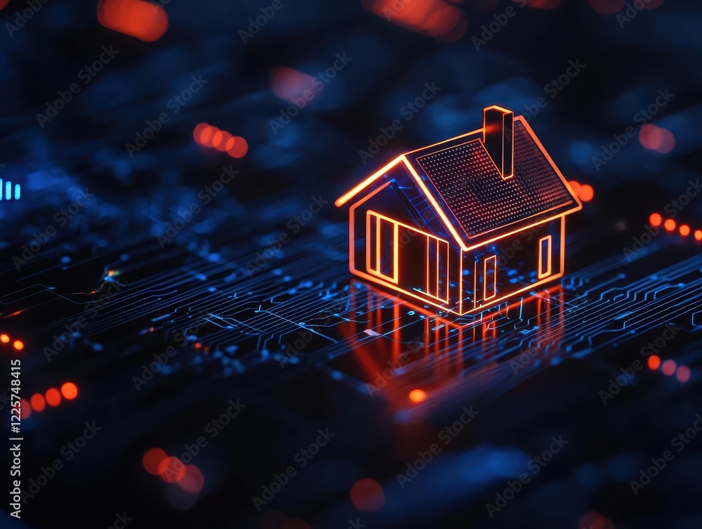 Poster a glowing house model is centered on a digital circuit background, symbolizing the intersection of t