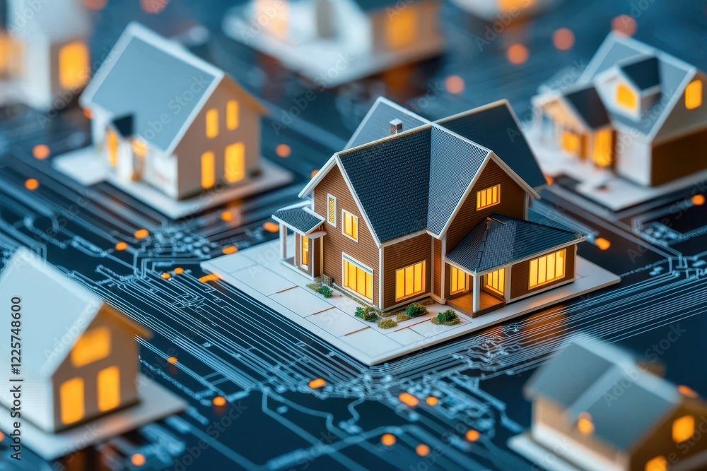Poster a digital representation of houses on a circuit board, symbolizing the integration of technology in 