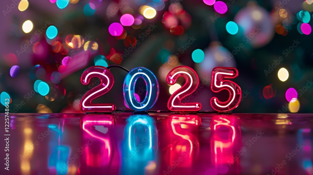 Poster neon sign showing 2025 with christmas tree lights reflecting on the table