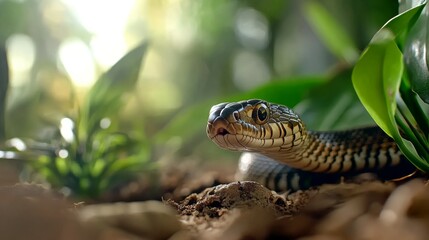 Obraz premium Cobra snake glides through a lush forest while hissing softly, showcasing nature’s vibrant ecosystem