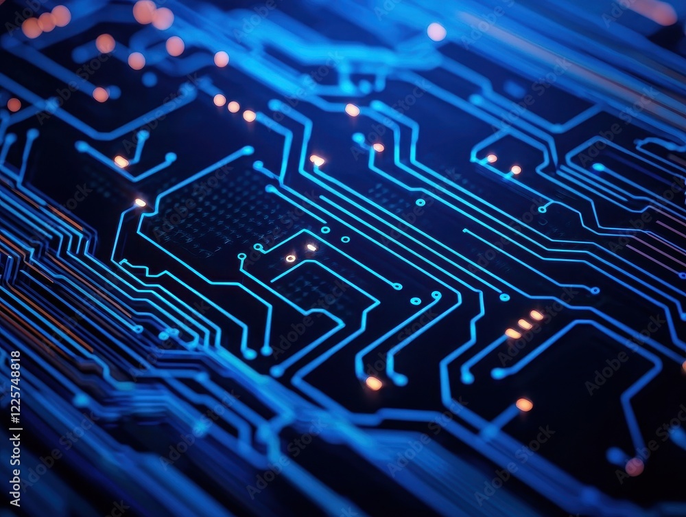 Poster a close-up view of a blue circuit board, featuring intricate lines and glowing components, showcasin