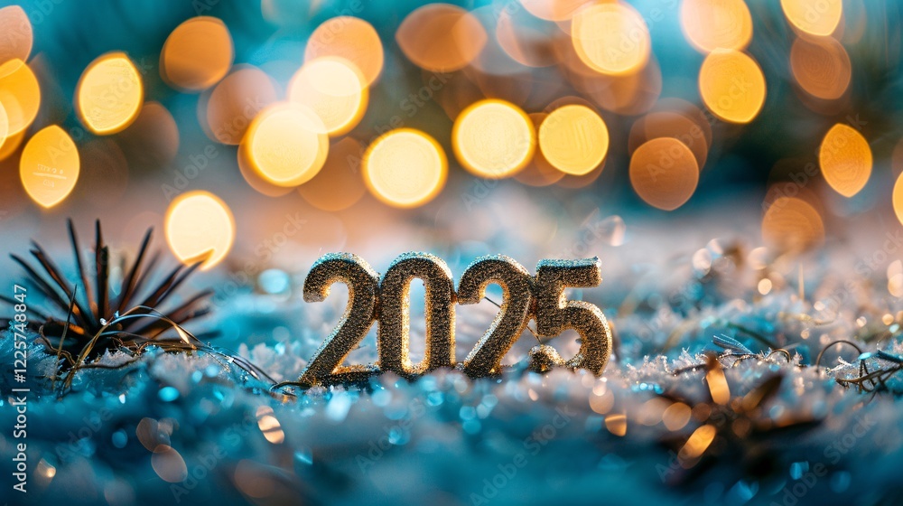 Poster Shimmering gold numbers displaying the year 2025 against a snowy backdrop adorned with sparkling holiday lights