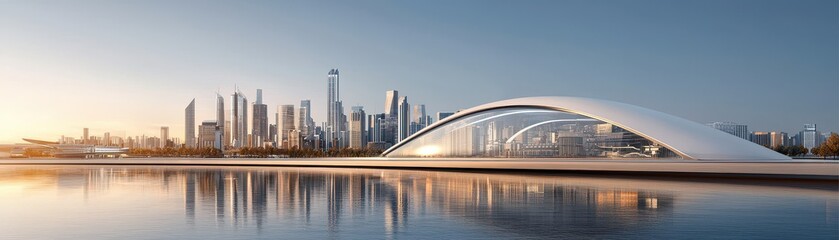 A sleek, modern bridge reflects in water, with a futuristic skyline in the background under a clear sky at sunrise.