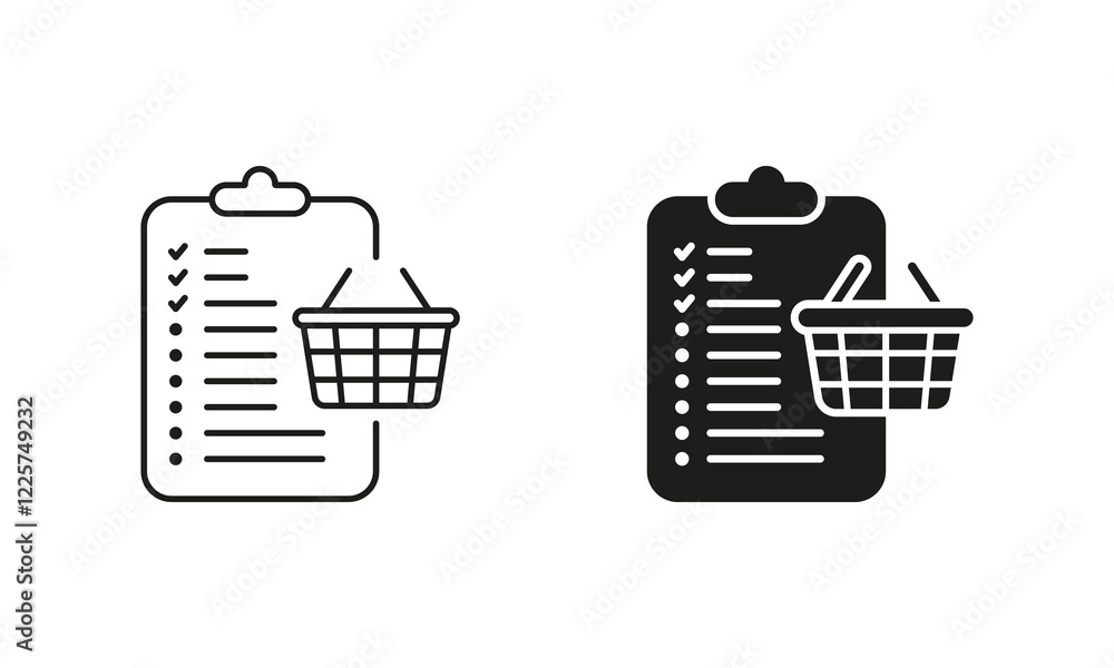 Poster purchase checklist line and silhouette icon set. grocery list to buy pictogram. order list with bask