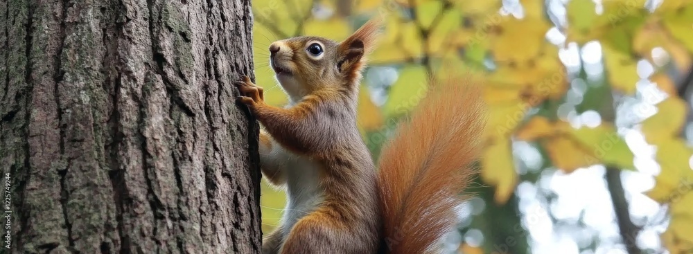 Poster squirrel climbing a tree in autumn with colorful leaves in the background