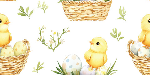 Easter yellow chicks basket illustration on a seamless vector pattern, ideal for decorative designs. Cute baby birds, spring vibes, and floral accents for creative and holiday crafting