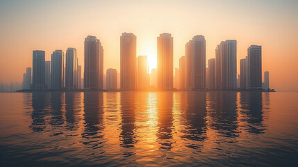 Golden Hour Cityscape: Stunning Skyscrapers Reflected in Calm Waters at Sunset