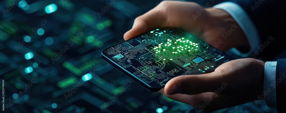 Poster a person holds a smartphone displaying a glowing circuit board, representing advanced technology and