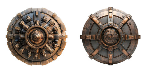 Naklejka premium Png of Detailed circular vault doors with metallic textures and intricate locking mechanisms on transparent background.