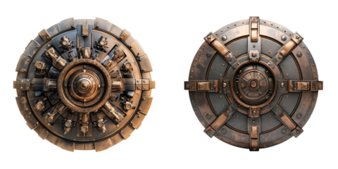 Png of Detailed circular vault doors with metallic textures and intricate locking mechanisms on transparent background.