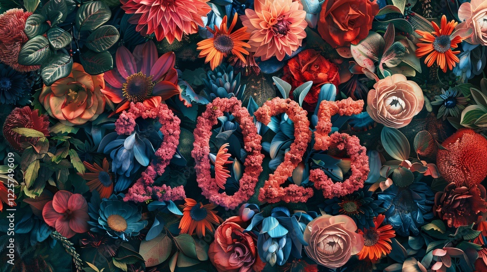 Poster 2025: a cheerful arrangement of colorful blooms ushering in the new year with a nod to nature's sple
