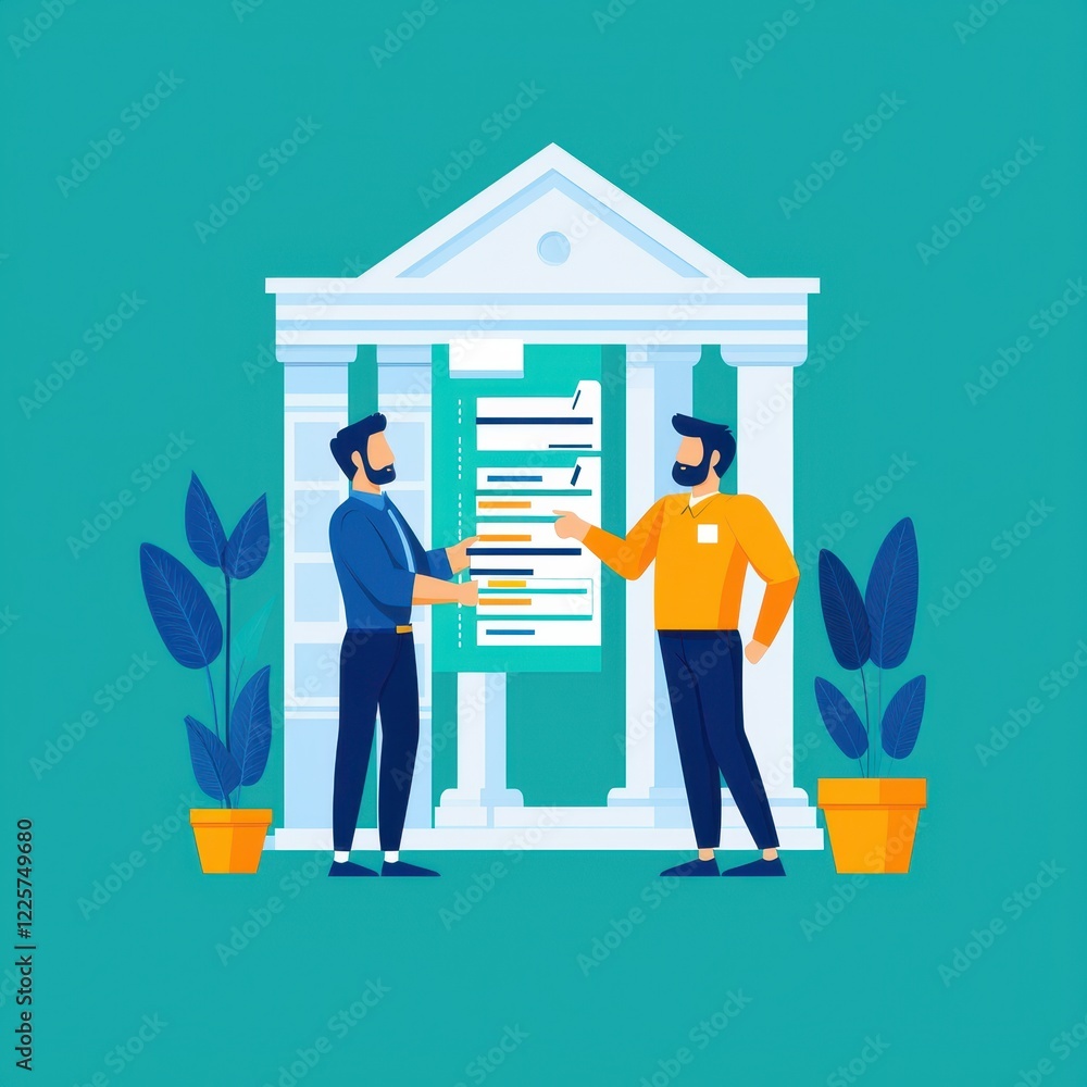 Poster two men are shaking hands in front of a columned structure, representing partnership and collaborati