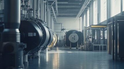 Obraz premium A large industrial air compressor system operating in a modern manufacturing facility, showcasing powerful equipment in a factory production setting.