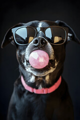 dog wearing sunglasses with bubble gum bubble