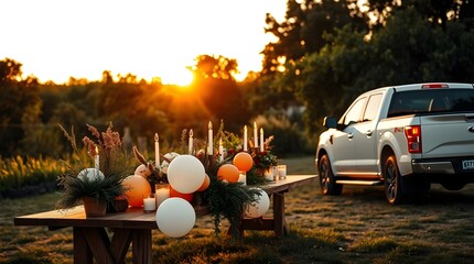stock photo  Rustic outdoor wedding at sunset. A white pickup truck is in the background.