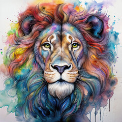 Farbenprächtiger Löwe mit bunter Mähne – Aquarellillustration eines majestätischen Wildtiers	